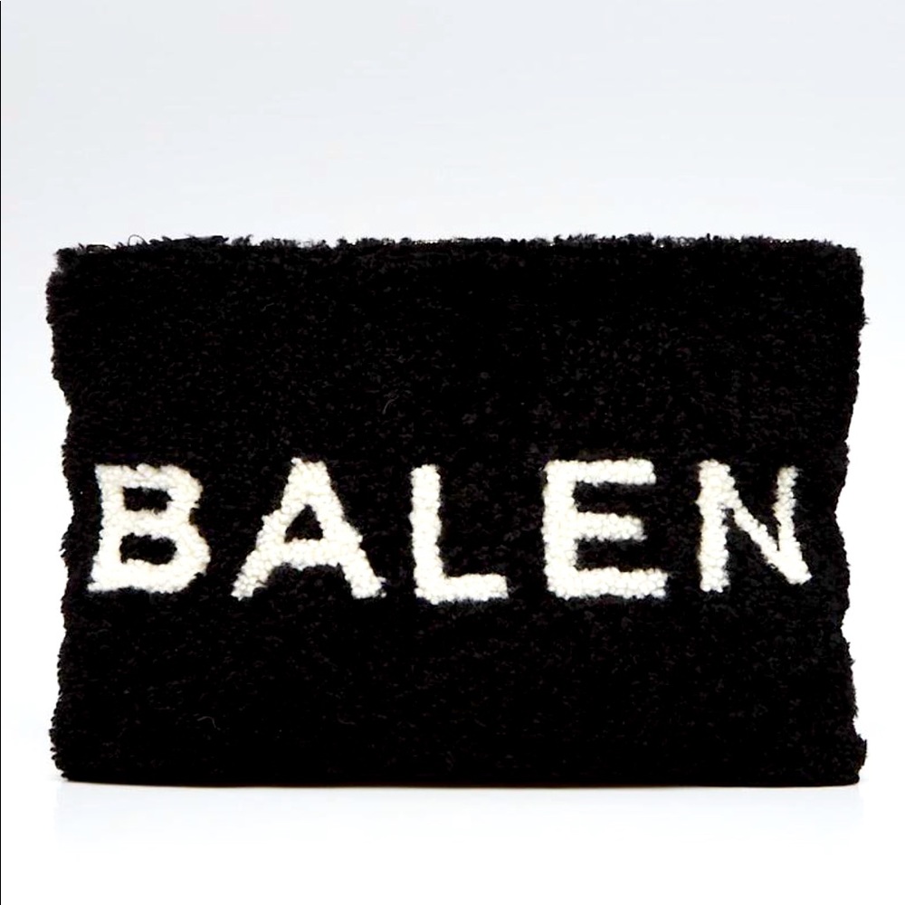100% Auth BALENCIAGA Black/White Shearling LOGO  Pouch Clutch BAG NWT